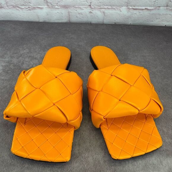 Bottega Veneta Lido Orange Woven Slide Maxi Flat Sandals NEW Lagoon Tangerine - Picture 5 of 14